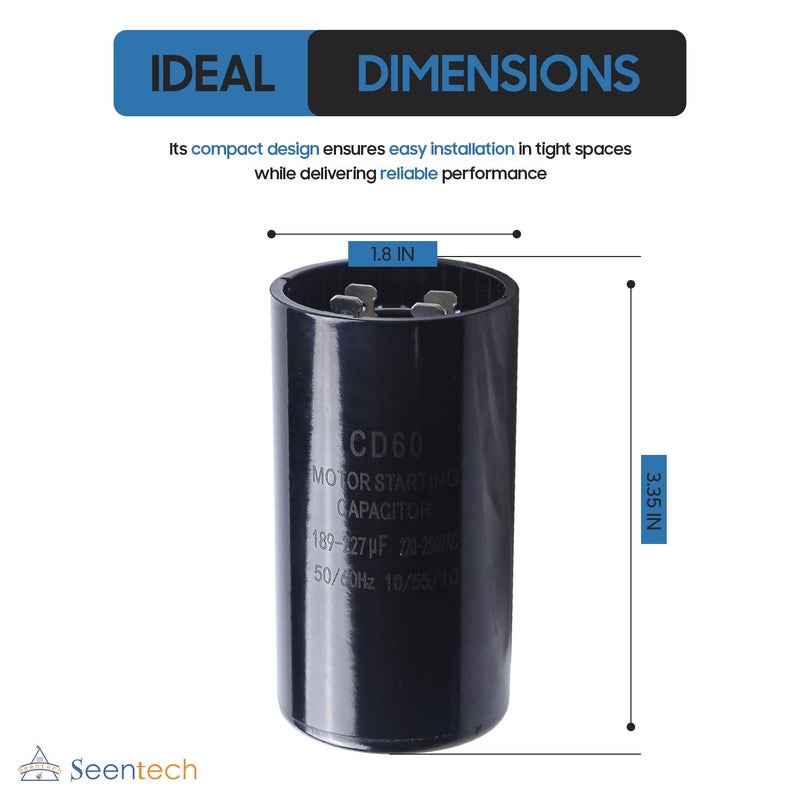 Seentech 189-227 uf/MFD 220-250 VAC ±20% CD60 Round Motor Start Capacitor 50/60 Hz AC Electric Motor Universal Fit for AC Motor Run or Fan Start and Cool or Heat Pump Air Conditioner - Image 3
